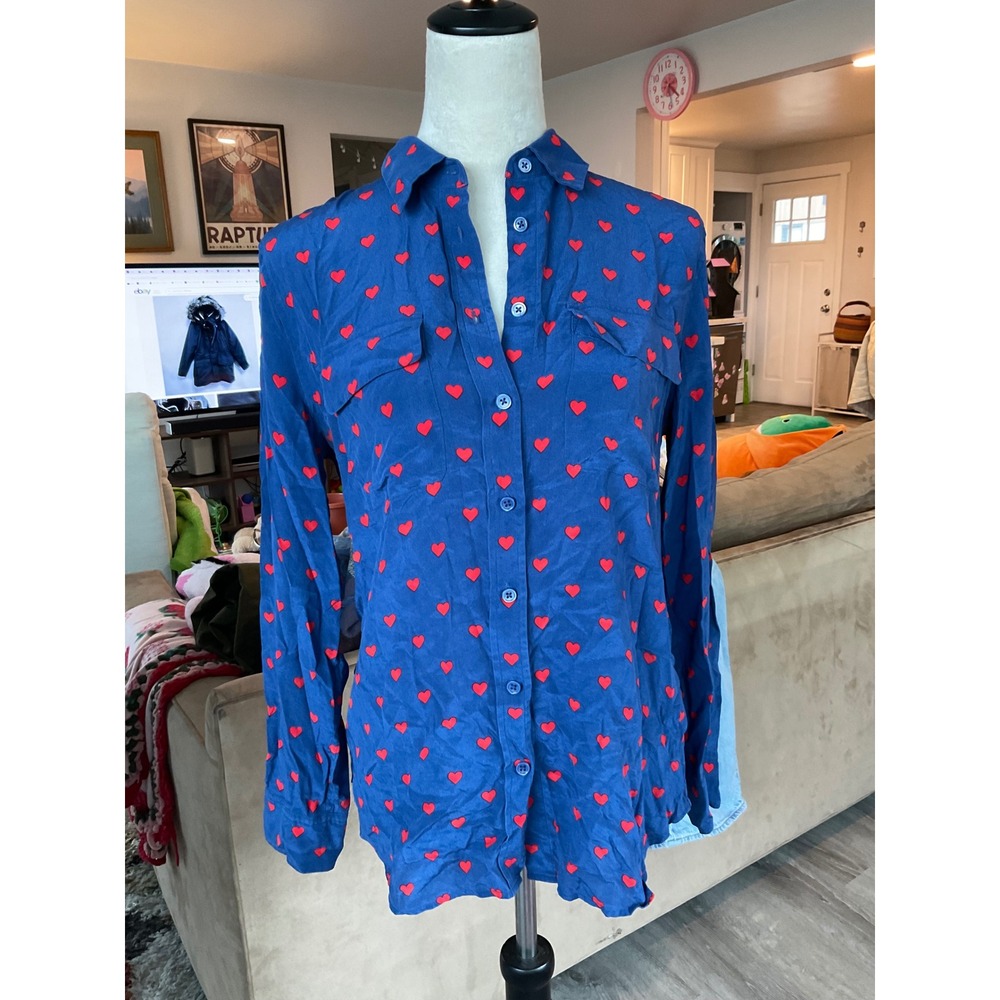 Equipment Femme 100% Silk Cobalt Blue Heart Print Button Down Shirt French Girl